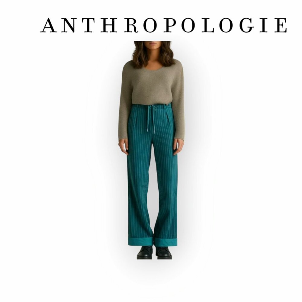 Y2K Anthropologie Elevenses Electric Blue Striped Viscose Wide Leg Cuffed Pants